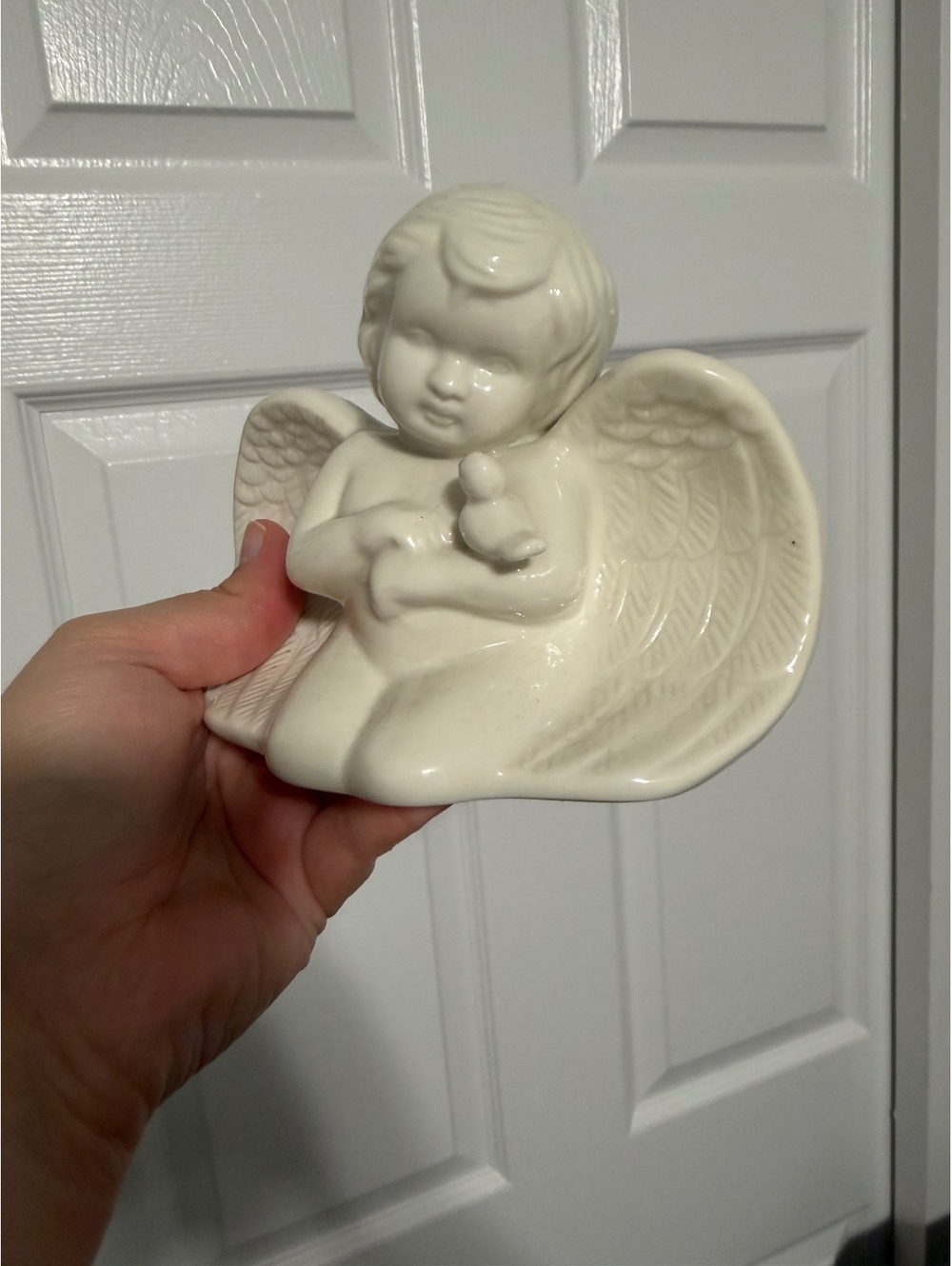 Vintage Angel with Bird White Ceramic Planter/Candle Holder